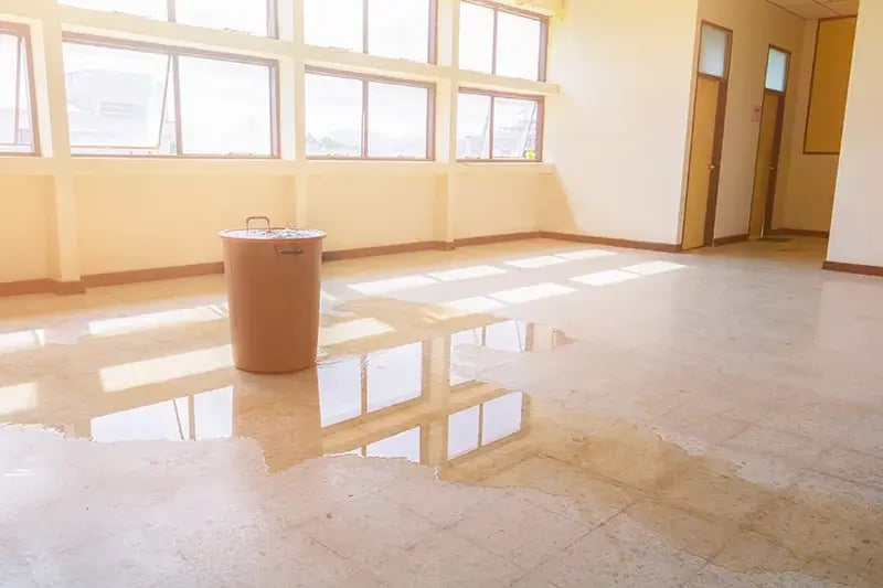 Overflowing bucket on a floor with pooled water