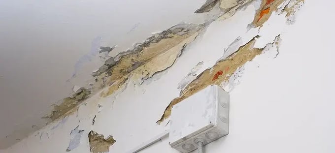 Interior water leak damage on walls and ceiling